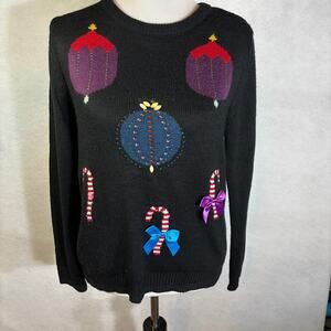 Indigo Rose Christmas Sweater Black Bulbs Candy Canes Women's Size Medium